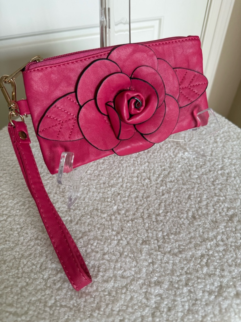 Magenta Pink Leather Rose Wristlet Clutch